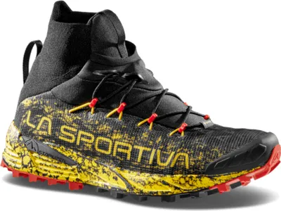 Schwarz-gelbe Trailrunning-Schuhe "Uragano GTX" von La Sportiva mit hohem Schaft und griffiger Sohle.