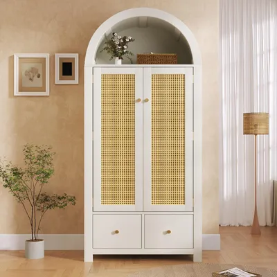 Immagine prodotto di Armadio Flieks con intreccio in rattan, armadio guardaroba con asta appendiabiti e 2 cassetti, armadio angolare 78x45x181 cm, bianco