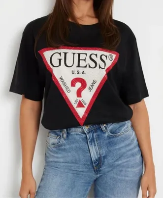 Produktbild von Guess Damen Oversize T-Shirt mit Glänzendem Dreieck Schwarz Größe M