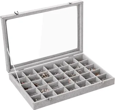 Produktbild von Graue 35 Fach Schmuckbox mit Deckel und Schloss