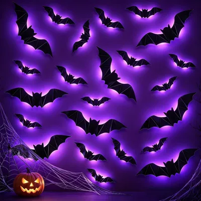 Produktbild von Halloween-Fledermaus-Dekoration, 24 LED-Fledermaus-Aufkleber in Lila für die Wand, 3D-Halloween-Dekoration, geeignet für Innen- und Außendekoration, Wanddekoration für Partys