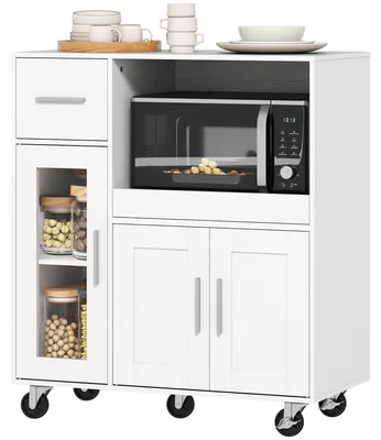 Produktbild von Kš¹chenschrank auf R?dern, Mobile Kš¹chenkommode mit Ablagen, Schubladen, verstellbarem Regal, Kabelloch, Wei?