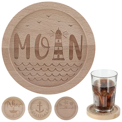 Produktbild von Glasuntersetzer Maritim 4er Set Buchenholz gelasert Ø11,5x1,5cm Holzuntersetzer 4 Motive Leuchtturm Ankerplatz Ahoi Inselkind Moin für Gläser Flaschen