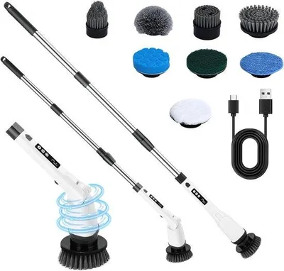 Obrázek produktu pro Elektrický čisticí kartáč - otočná hlava - pro čištění koupelny - 8 různých nástavců - nastavitelná rukojeť - bílá barva