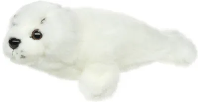 A white plush seal pup lying down against a white background.