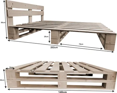 Two views of a wooden pallet bed frame with dimensions indicated.