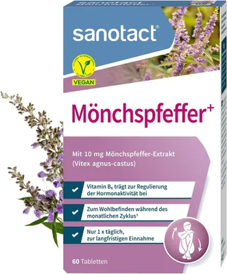 Produktbild von Mönchspfeffer+ Tabletten mit Pantothensäure und Vitamin B6 – 60 Tabletten für Zyklus-Balance und Wohlbefinden, hochdosiert, vegan, Monatsvorrat