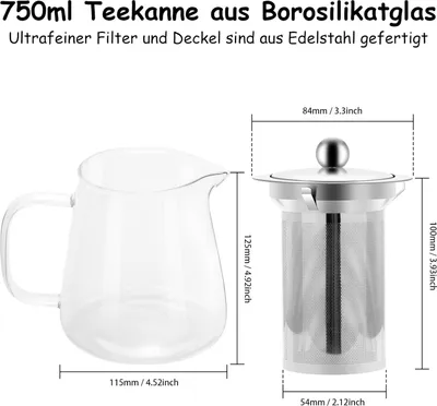 Produktbild von Teekanne Glas mit Siebeinsatz 750ml Teebereiter aus Glas Borosilikat,Klar, Hitzebeständig für Schwarzen Tee, Grüner Tee, Duftender Früchtetee