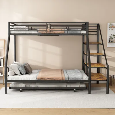 Immagine prodotto di Letto a castello AIORBER, 90x200cm, con letto estraibile, stabile e resistente, con scaletta di contenimento, struttura letto in metallo, per camera da letto, camera dei bambini, nero