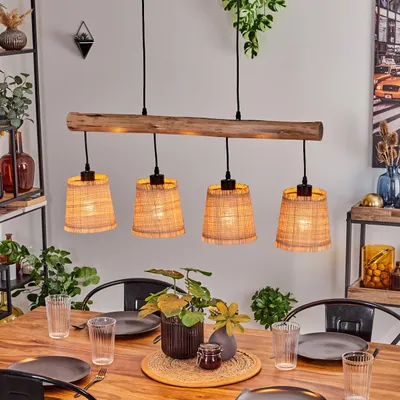 Produktbild von Tubione moderne Hängelampe aus Holz/Metall/Bast in Natur/Schwarz/Beige