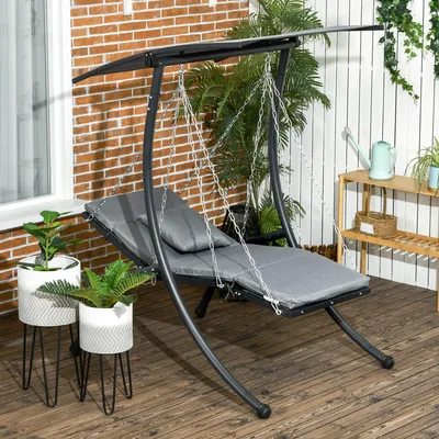 Produktbild von Hollywoodschaukel mit Liegefunktion, Gartenschaukel Stahl Polyester Netzstoff, Dunkelgrau | 108x145x169 cm | 45° neigbares Dach | Auflage & Kissen