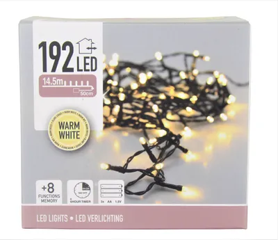 Zdjęcie produktu dla Wróżki ze 192 diodami LED, ciepły biały kolor, zasilanie bateryjne z timerem