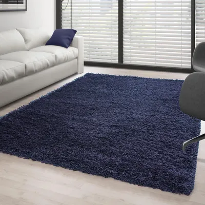 Produktbild von Weicher und flauschiger, 30 mm dicker, marineblauer Hochflorteppich für Wohn- und Schlafzimmer 200x200 cm Rund