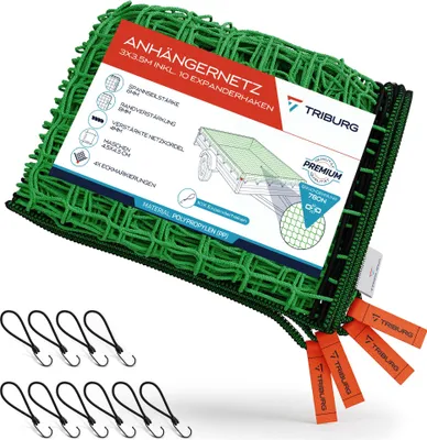 Produktbild von TRIBURG Anhängernetz 3x3,5 m + 10 Expanderhaken mit Eckmarkierungen und Randverstärkung I Ladungssicherung I Anhängerzubehör I Transportnetz