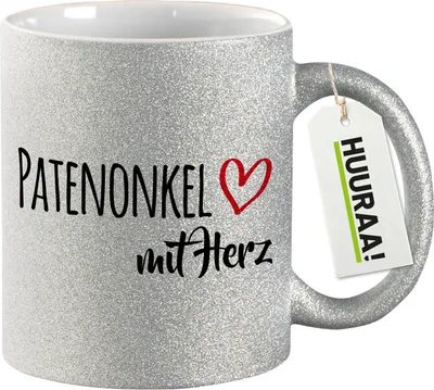 Produktbild von Huuraa Glitzertasse Patenonkel mit Herz 330ml Silber Keramik Kaffeebecher Geschenkidee