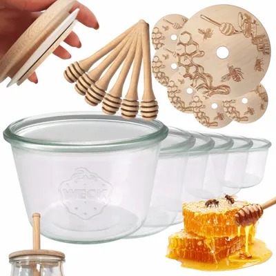 Produktbild von WECK Honiggläser 370ml mit Holzdeckel & Honigheber, 6er Set