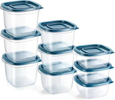 Produktbild von Famanu Lebensmittelbehälter 9-teilig - rechteckig, transparent mit blauen Deckeln