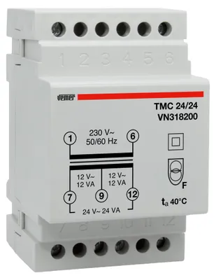 Productafbeelding van VEMER VN318200 TMC 24/24 - Transformator voor montage op din-rail, met een primaire spanning van 230V, een secundaire spanning van 12-24V en een vermogen van 24VA, wit
