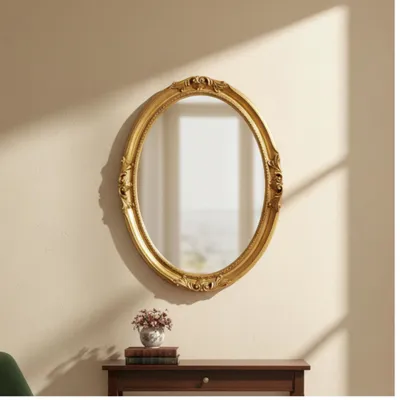 Immagine prodotto di MO.WA specchio da parete ovale classico stile barocco cm. 63x83 foglia oro. Specchio ovale con cornice in legno oro antico, specchio per soggiorno e camera da letto
