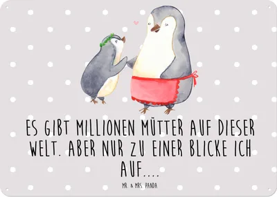 Produktbild von Mr. & Mrs. Panda tafel Pinguin mit Kind DIN A5 - Grau Pastell - Geschenk, Vorbild Mama, Schild, Muttertag, Mutter, Retro Blechschild, Wandbild, wandtafel, Türschild