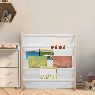 Immagine prodotto di Libreria per bambini, in legno e tessuto, dimensioni 62 x 26 x 64 cm