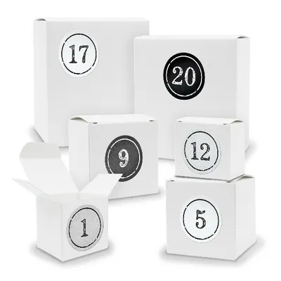 Produktbild von Adventskalender zum Füllen 24x Quader Würfel gemischt WEISS + Sticker (V01 Z04)