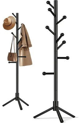 Image de Porte-vêtements en bois, noir, 175 cm, avec 8 crochets, autoportant