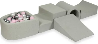 Produktbild von Schaumstoff-Spielset mit Brücke und Mikro-Bällepool – hellgrau mit Bällebadbällen 100 Stück / Perle, Silber, Hellrosa