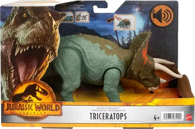 Produktbild von Mattel HDX40 Jurassic World Dominion Triceratops Brüllattacke Urzeitmonster Dinosaurier Pflanzenfresser Grün bewegliche Spielfigur herausziehbare DNA Scankarte mit Sound