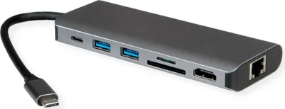 Produktbild von ROLINE Dockingstation USB Typ C, 8K30 HDMI, USB 3.2 Gen 1 (Typ-A), PD, LAN, SD/MicroSD