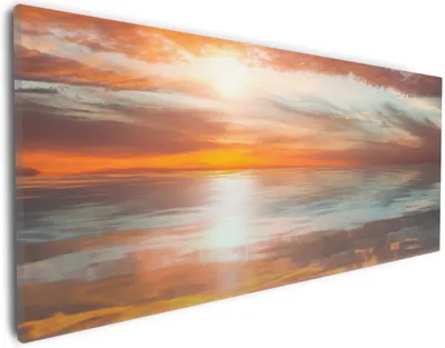 Produktbild von Wallario Premium Leinwandbild Abendrot in Reflexion über dem See in Größe 30 x 75 cm