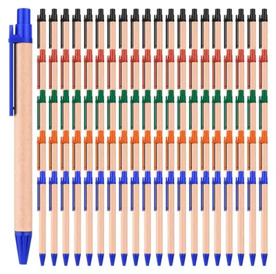 Produktbild von 100 Stück Kugelschreiber aus Kraftpapier, schwarze Tinte, einziehbar, mittlere Spitze, 0,7 mm, für Schreibzubehör für Schulbüro, mehrfarbig