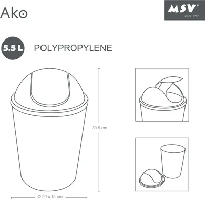 A technical drawing and product details of a trash can.