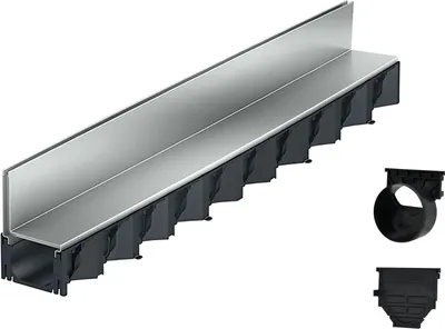 A drainage channel with a silver grate and black base, shown with two separate black plastic accessories.