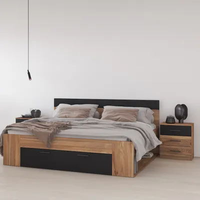 Produktbild von Schlafzimmer Set mit Bett 160x200 cm und 2 Nachttischen, Eiche mit schwarz, 3-teilig - BIRMINGHAM-83