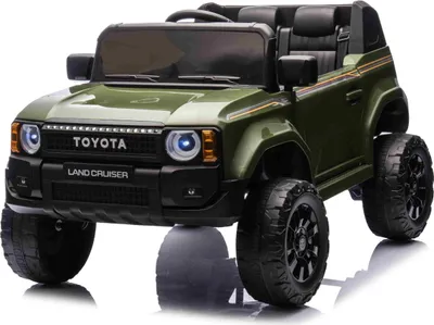 Immagine prodotto di Auto elettrica per bambini Toyota Landcruiser 12V, verde militare, ampio sedile singolo, telecomando 2,4 GHz, ingresso USB/AUX, Bluetooth, sospensioni, batteria al litio, luci LED, motore 2 x 25W, licenza ORIGINALE