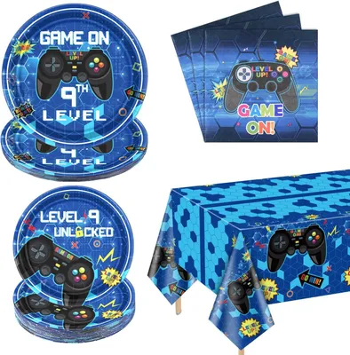 Productafbeelding van Videogame feestbenodigdheden spel op verjaardag decor papieren borden servetten videogame tafelkleed gaming feestartikelen voor kind jongen 9e