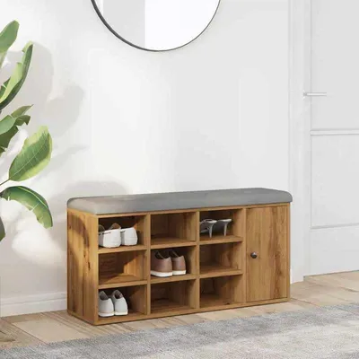 Image de Banc à chaussures avec coussin et espace de rangement - en chêne massif - 102x32x50 cm - banc d'entrée