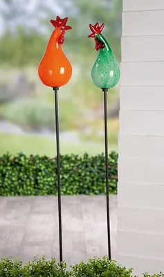 Image de Piquets de jardin Gilde, poulet, verre, vert, orange, rouge, lot de 2, 2 pièces comme sur la photo, L. 12 cm, l. 11 cm, H. 120 cm 57768