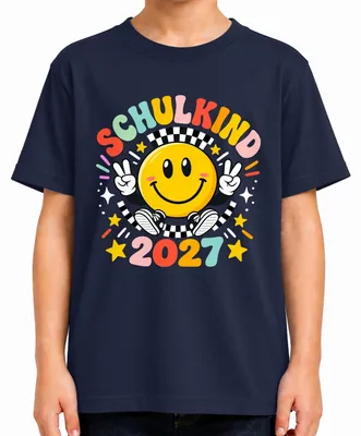 Produktbild von Schulkind 2027 Einschulung 1 Klasse Smiley Peace Schulanfang Kinder T-Shirt, Navy, 140