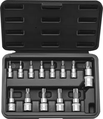 Produktbild von VEVOR Torx Bohrer Steckschlüsselsatz 13-tlg. Stern T8–T60, S2-Legierungsstahl & Cr-V-Stahl, 1/4 Zoll & 3/8 Zoll & 1/2 Zoll Antriebe, mit Aufbewahrungskoffer, Torx-Steckschlüssel für Autoreparatur