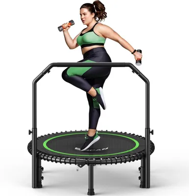Immagine prodotto di Trampolino Per Adulti, Diametro 102 Cm, Colore Verde, Capacità Massima 204 Kg, Maniglia Regolabile, Corde Elastiche, Pieghevole