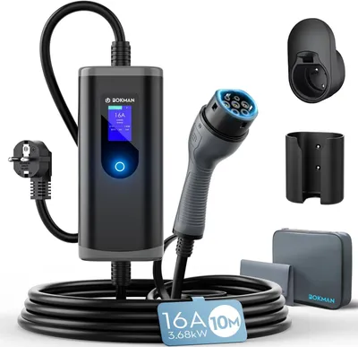 Productafbeelding van Type 2 oplaadkabel Schuko, 3,68 kW, 10 meter, 6-16 A, 1-fase, IP65 waterdicht, draagbare EV-oplader voor IEC 62196-2 met draagtas en microvezelhanddoe