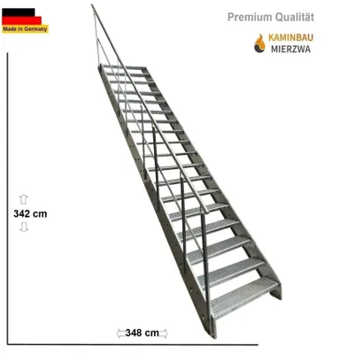 Produktbild von Premium Wangentreppe Stahltreppe Gitterroststufen 18 Stufen Geländer Links Verzinkt Treppe Breite 100cm Geschosshöhe 342cm / Aussentreppe Metalltreppe