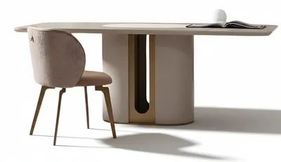 Zdjęcie produktu dla Komplet eleganckiej jadalni w kolorze beżowym: designerski stół i tapicerowane krzesła