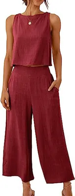 Image de ASKSA Femme 2 pièces été Sans manches Boutons Débardeur Pantalon large Jambe Unicolore Tenue deux pièces avec poches, Vin rouge, XL