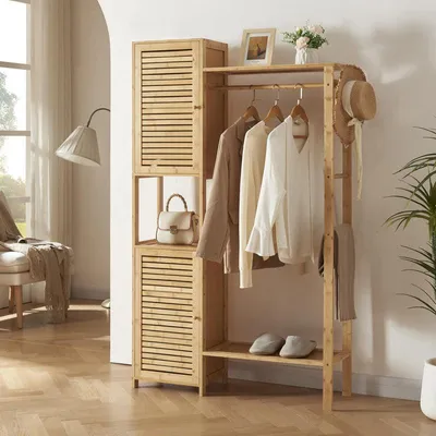 Image de Porte-vêtements en bambou – Armoire avec étagère de rangement et étagère à chaussures – 164x99x29 cm