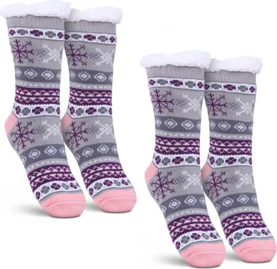 Produktbild von Stoppersocken (Grau / 2 Paar) Damen mit Teddyfutter Haussocken - Hüttensocken mit Anti-Rutsch-Sohle - ABS Norweger Socken Zopfmuster - Kuschelsocken Einheitsgröße