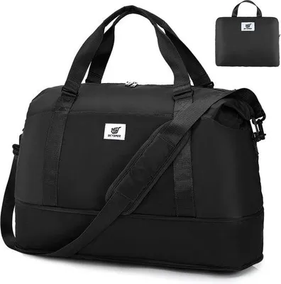 Immagine prodotto di Borsa da viaggio pieghevole Unyqoos® – borsa sportiva e da weekend impermeabile, 40+10 L, adatta come bagaglio a mano (55 x 26 x 20 cm), con tasca porta-trolley, colore nero (da donna/uomo)