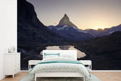 Produktbild von MuchoWow® Fototapete für Wohnzimmer oder Schlafzimmer Wandtapete Vinyl Motivtapete Das Matterhorn und der Riffelsee bei Sonnenaufgang in der Schweiz - 330x220 cm - Fototapeten